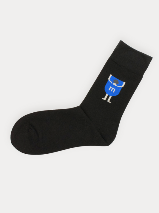 Soft black crew socks with a single blue jersey figure graphic.