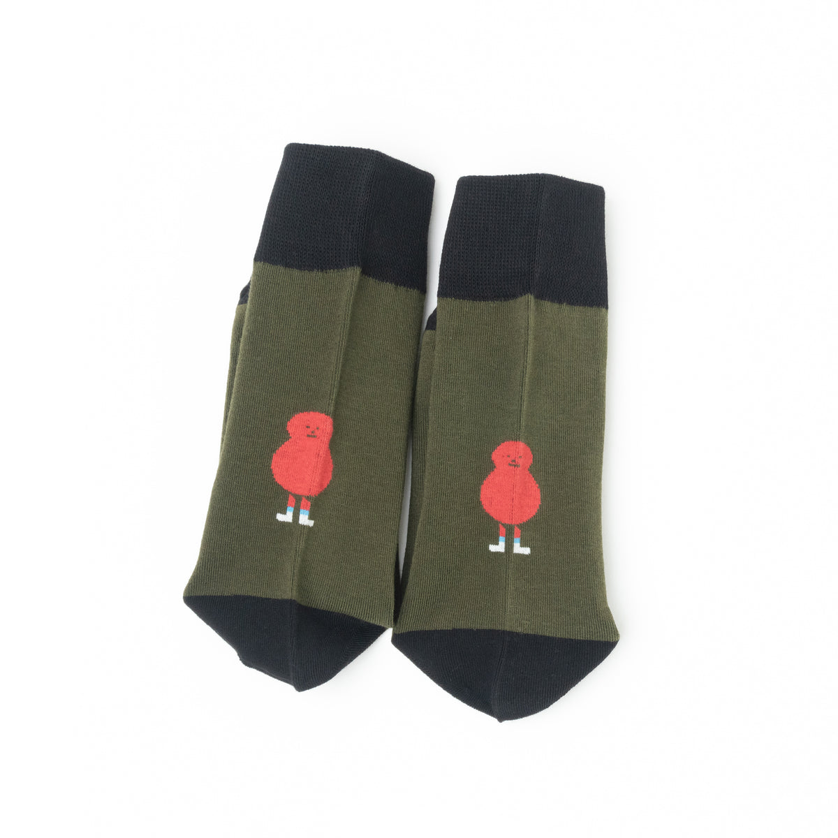 Pair of olive green crew socks with black cuffs and toes, each featuring a small red bird character, laid flat side by side.