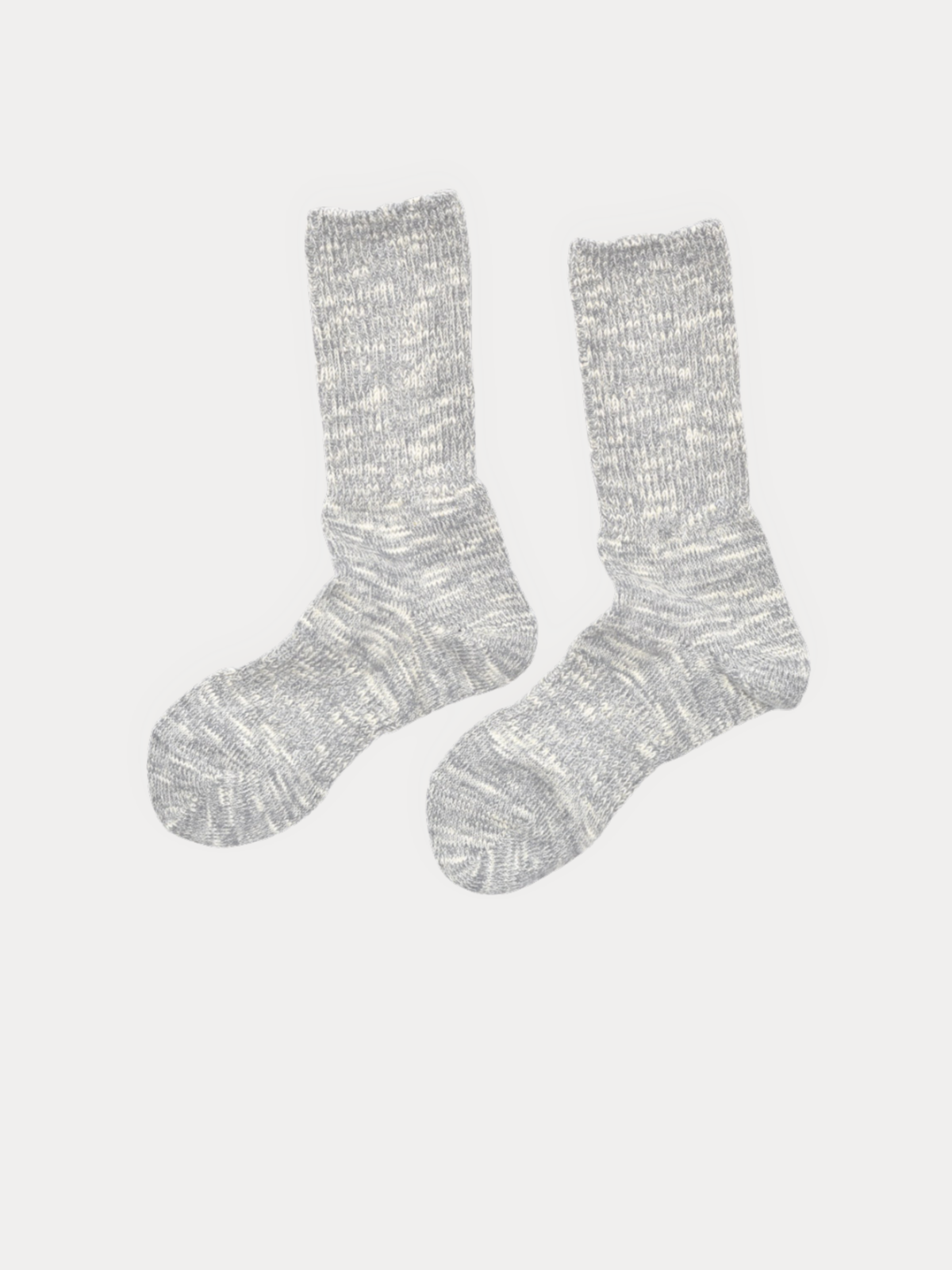 A pair of light gray heathered knit crew socks shown against a plain light gray background.