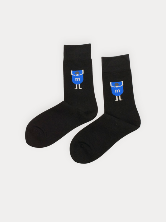 Soft black crew socks with a single blue jersey figure graphic. 