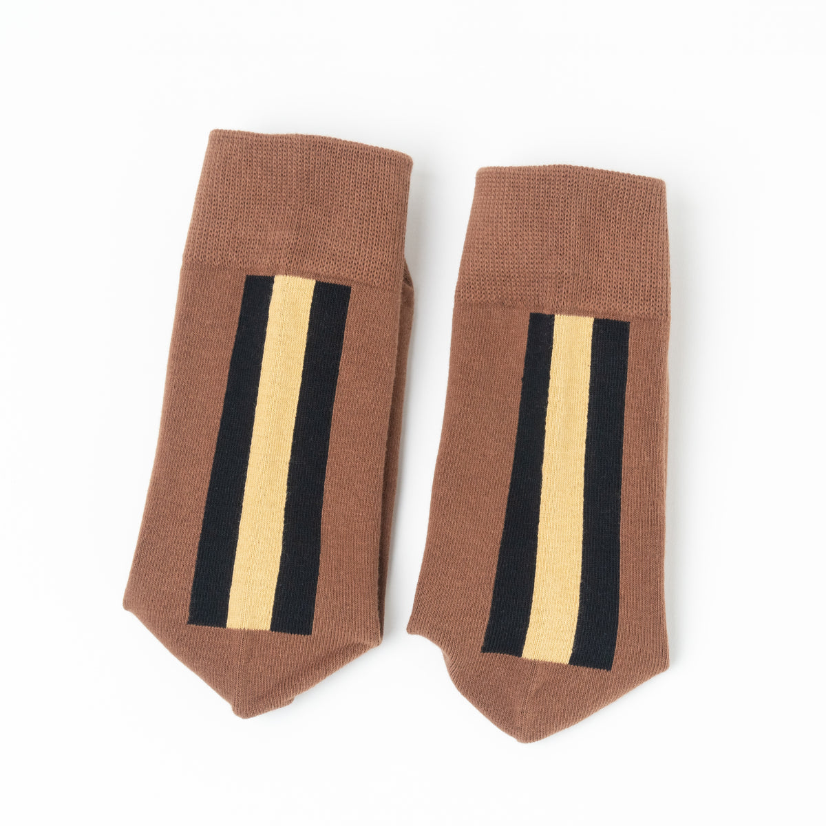 A pair of brown knit socks with vertical stripes in black and beige, displayed flat against a solid white background.