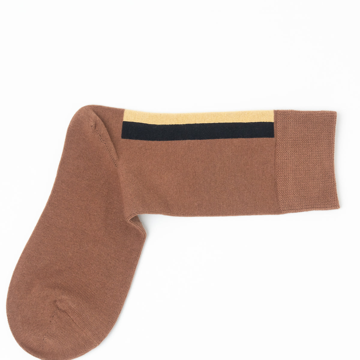 A single brown knit sock with a striped cuff featuring a black band and a thin beige stripe, displayed on a clean white background.