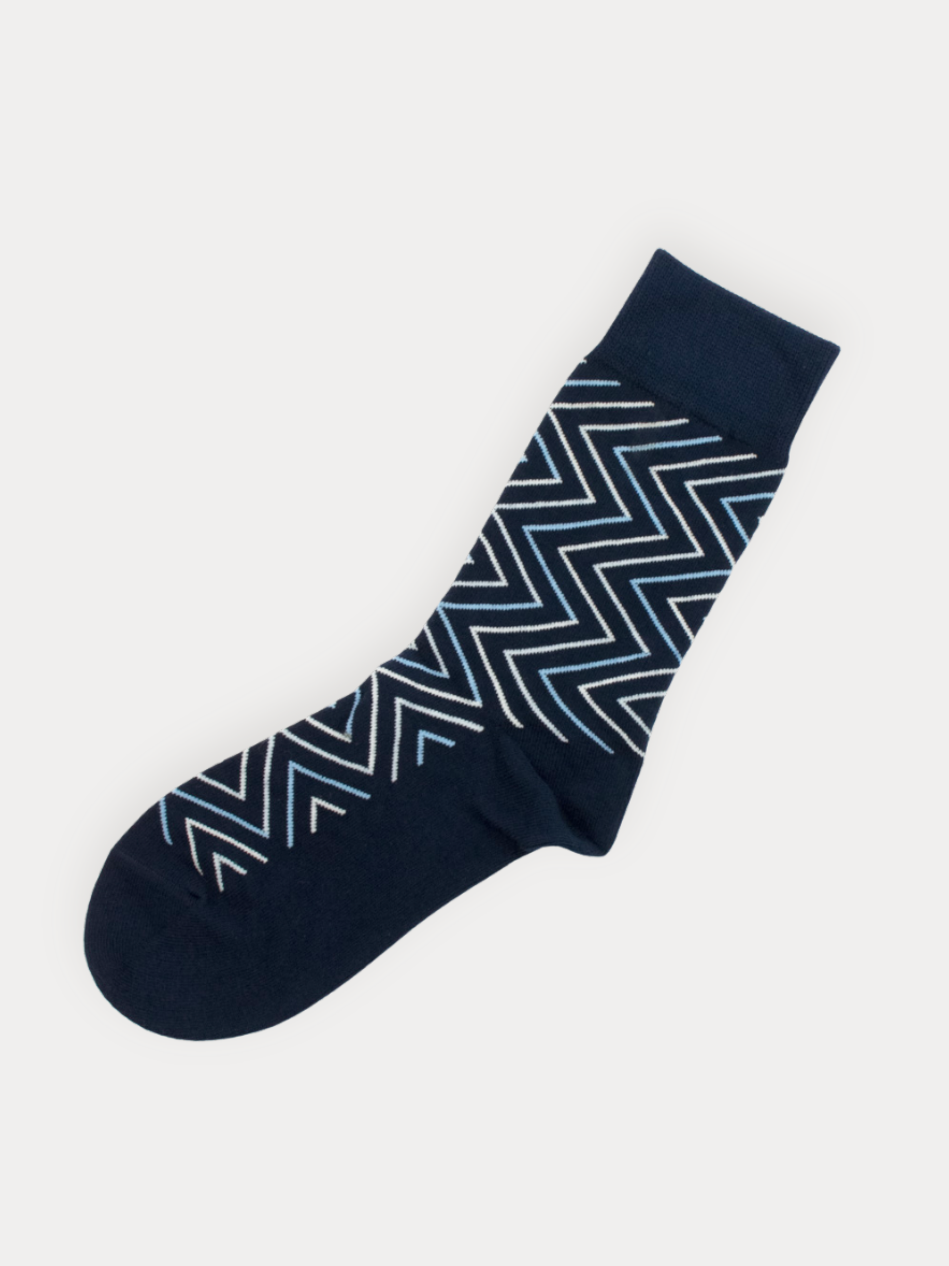 Soft navy crew socks with a layered chevron pattern in white and sky blue. 