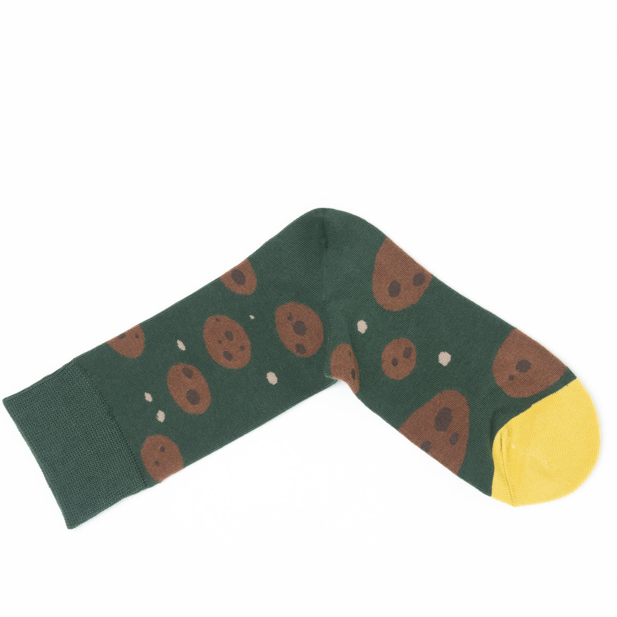 Pair of green crew socks folded into a V shape, showing the cookie print and yellow toes.