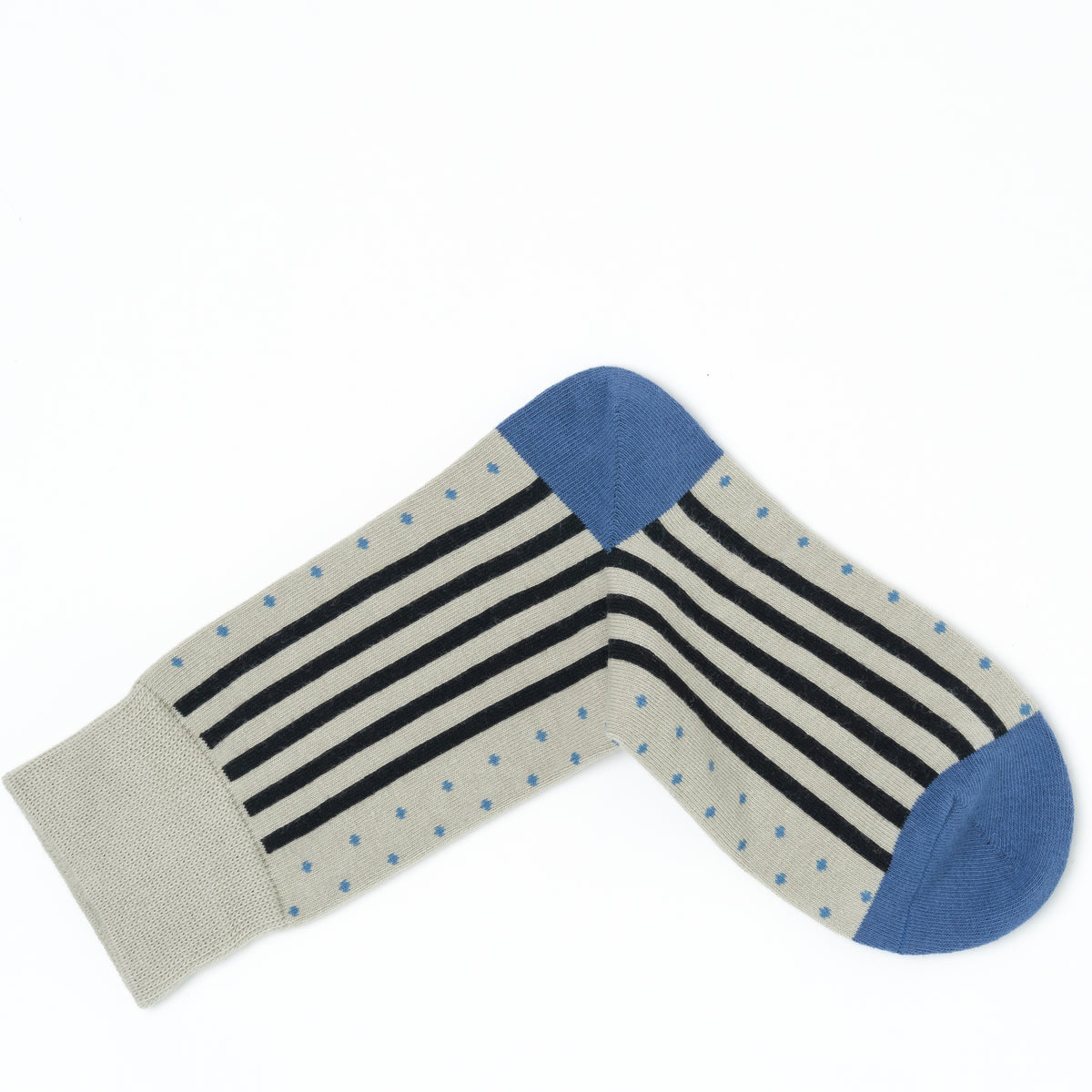 Pair of beige crew socks folded together, showing the dot and stripe patterns with blue heels and toes.