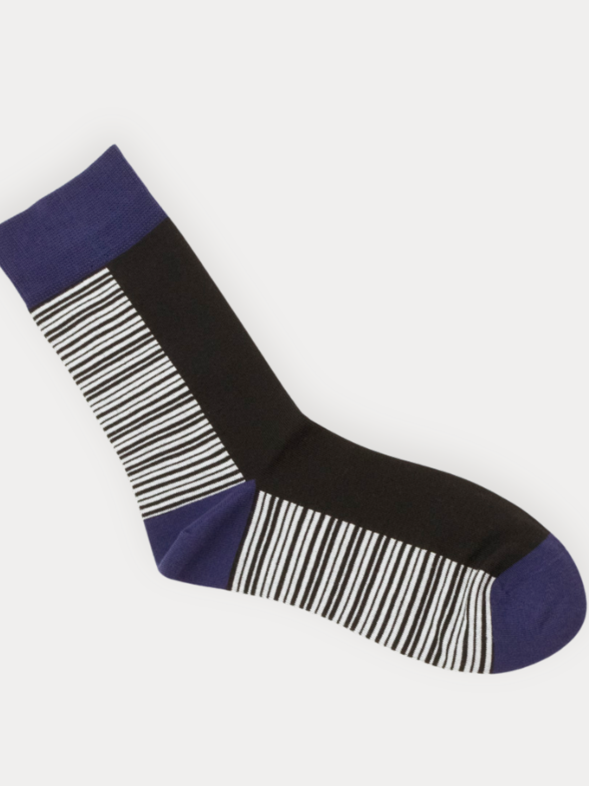 Sock with black, white, and blue striped pattern on a white background