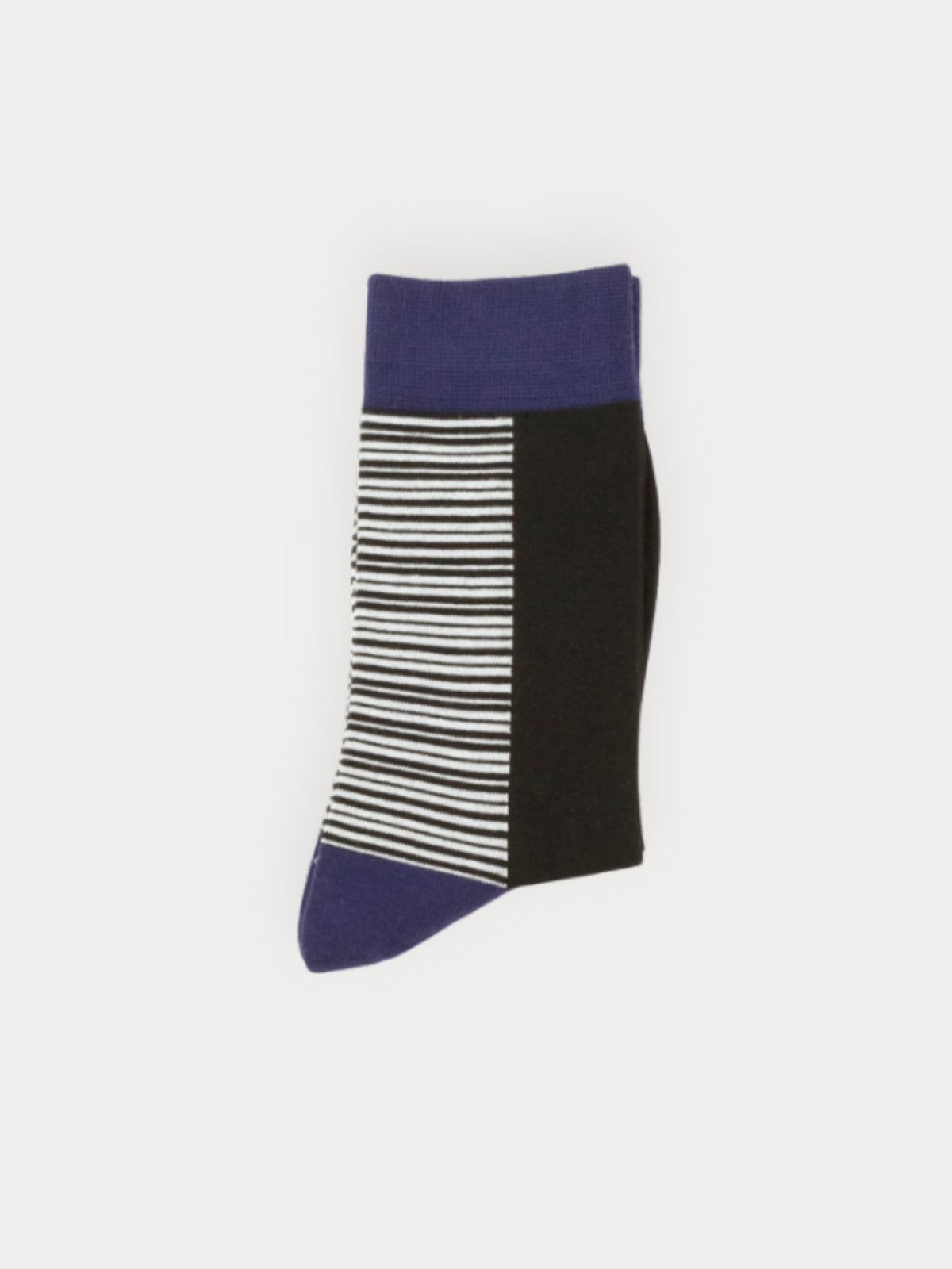 A pair of crew socks in black, white, and navy. Features fine horizontal stripes on the sides and foot, with solid navy cuffs, heel, and toe.
