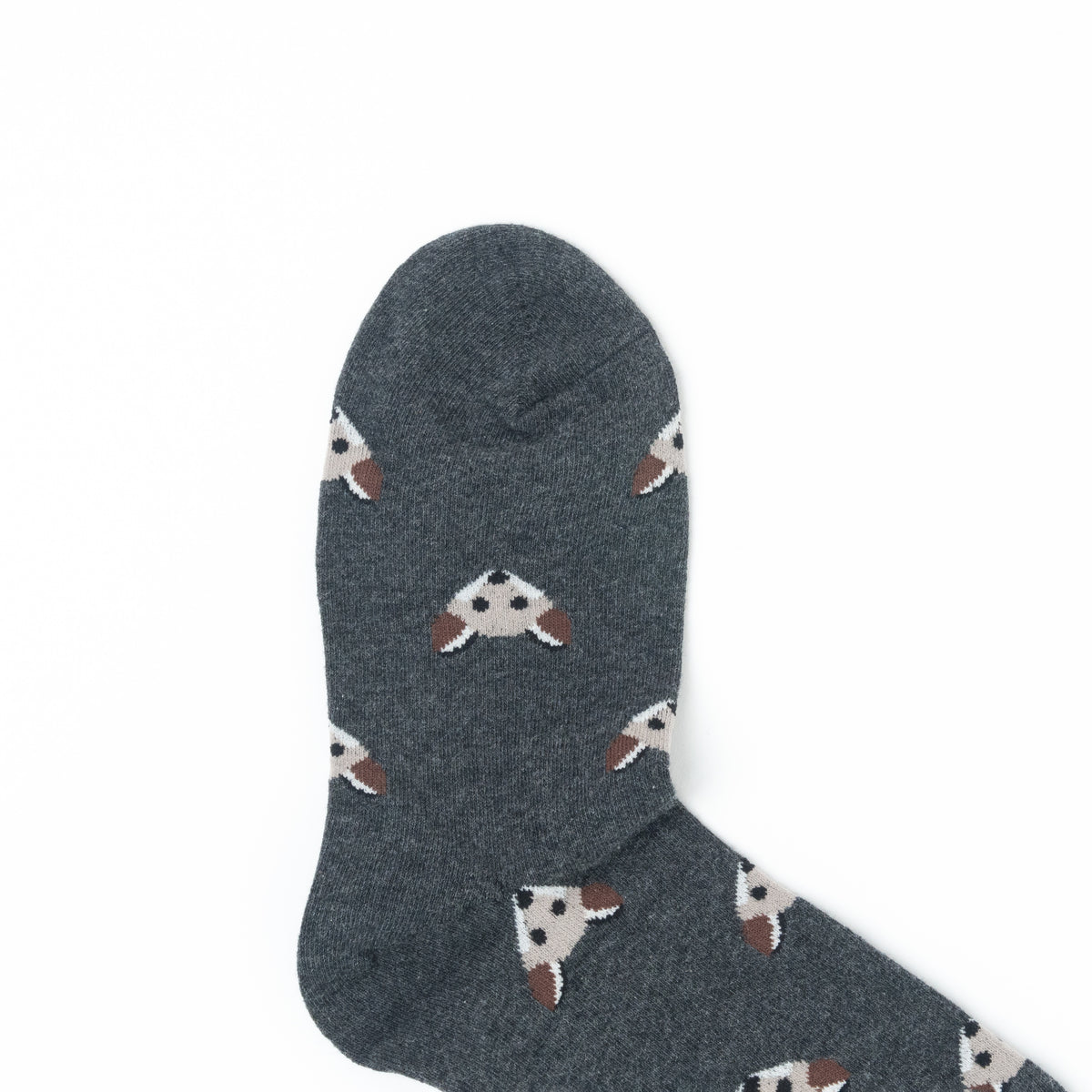 A single dark gray heather sock with a repeating pattern of small white and brown fox faces, shown on a plain white background.