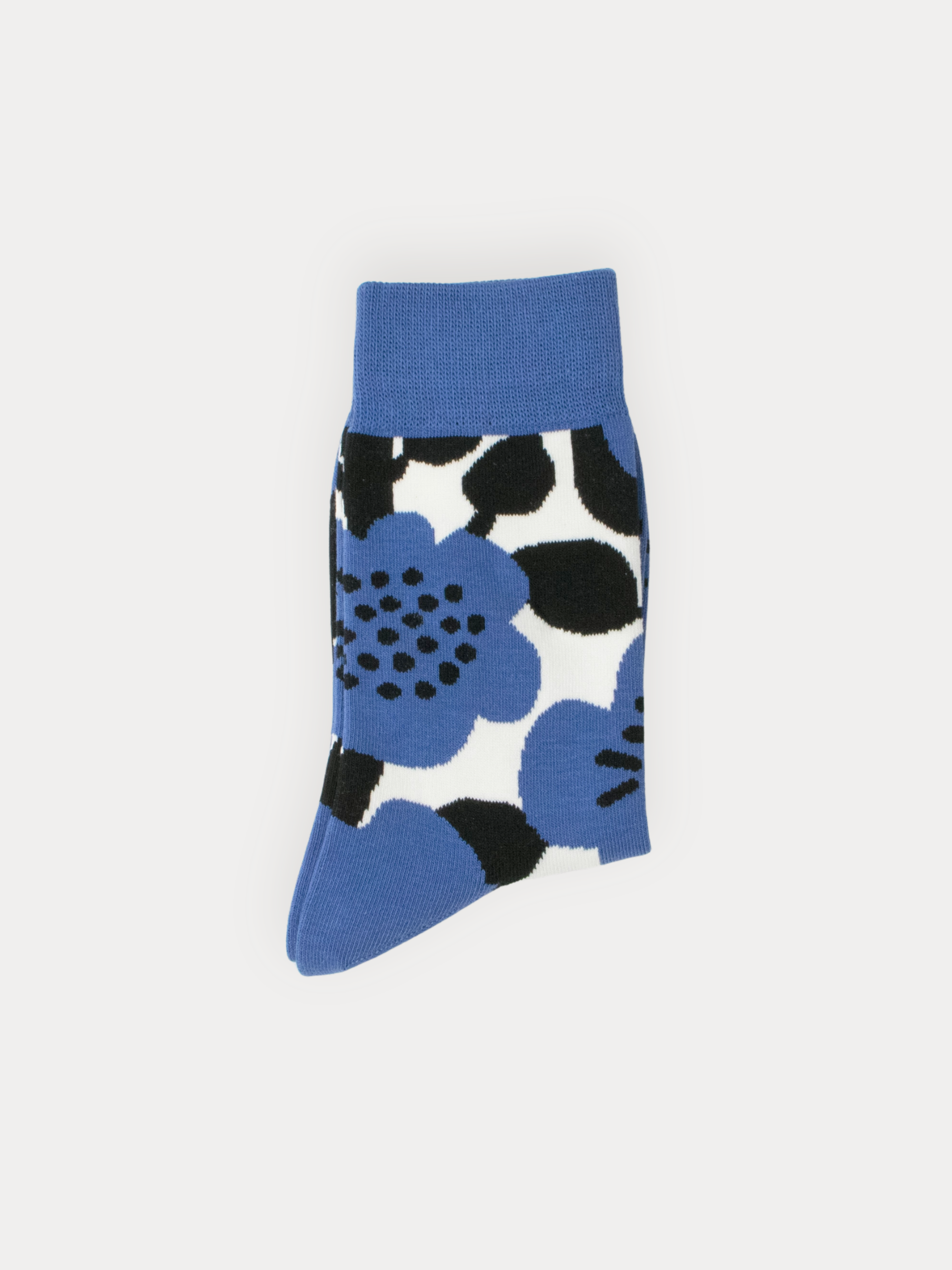 Blue floral-patterned sock on a white background