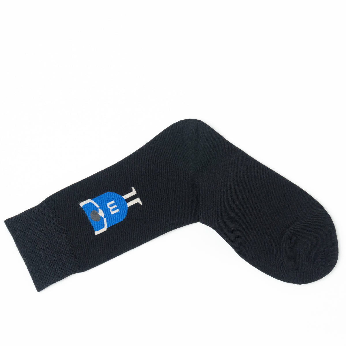 Single black crew sock folded into a V shape, showing the blue cartoon figure graphic upside down.