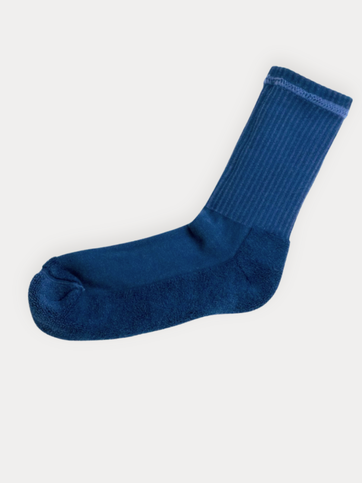 A single dark blue crew sock with a ribbed cuff, shown against a plain light gray background.
