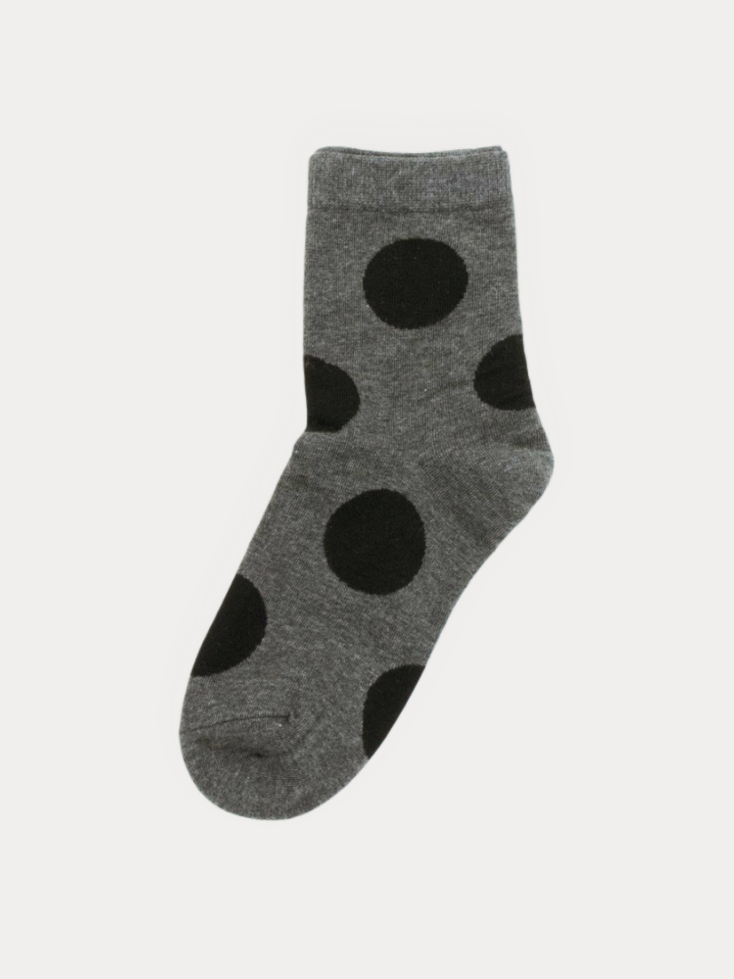 Heather grey quarter socks with black polka dots.