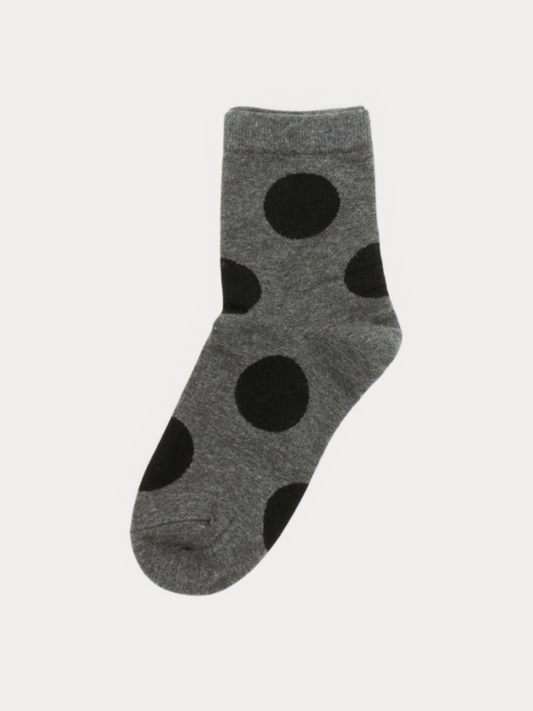 Heather grey quarter socks with black polka dots.