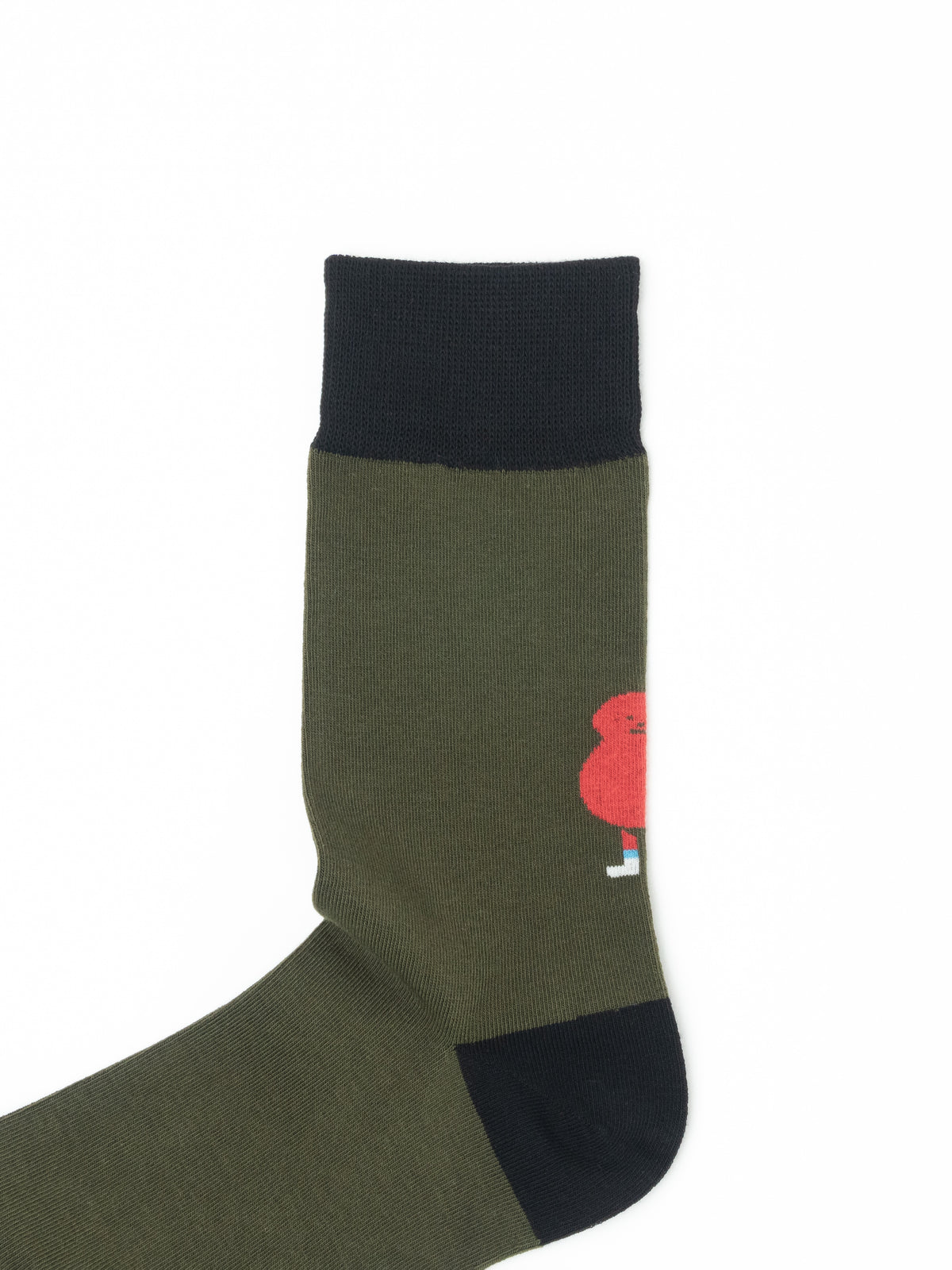 Close-up of an olive green crew sock with a black cuff and toe, featuring a small red bird character on the leg.
