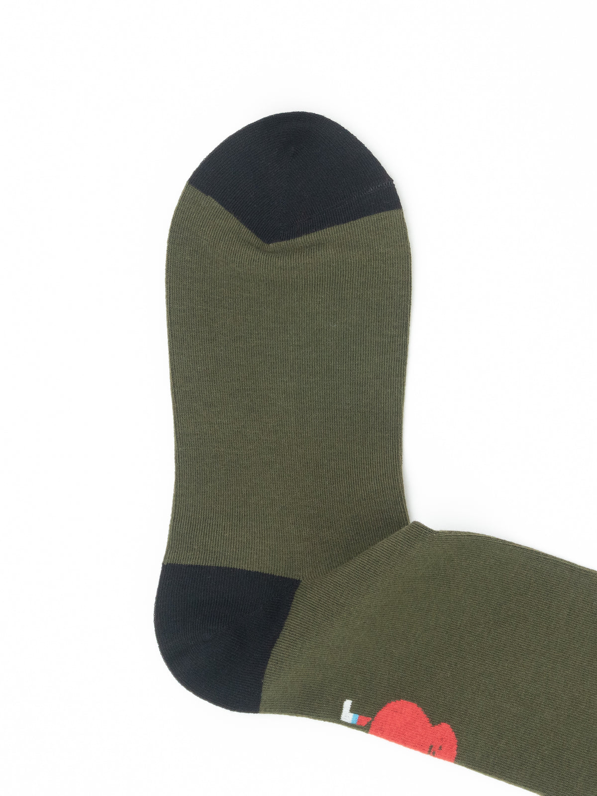 Close-up of an olive green crew sock with a black heel, showing a red bird character peeking in from the edge.
