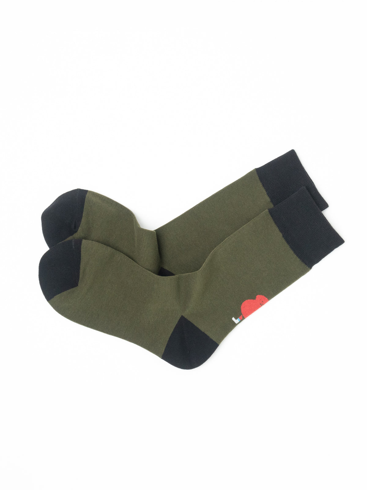Pair of olive green crew socks with black heels and toes, folded together, showing a small red bird character motif.