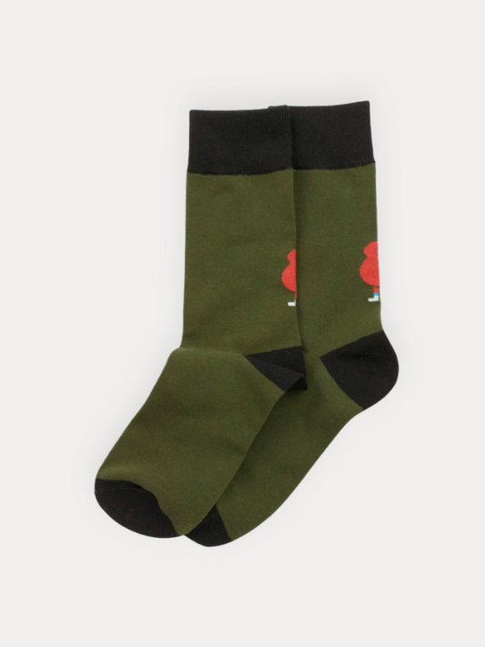 Soft crew socks in army green with a single red bird graphic and black cuff and toe.