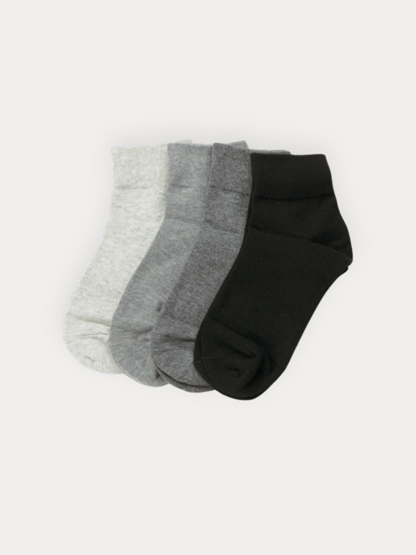 Four ankle socks in light grey, mid grey, and black.