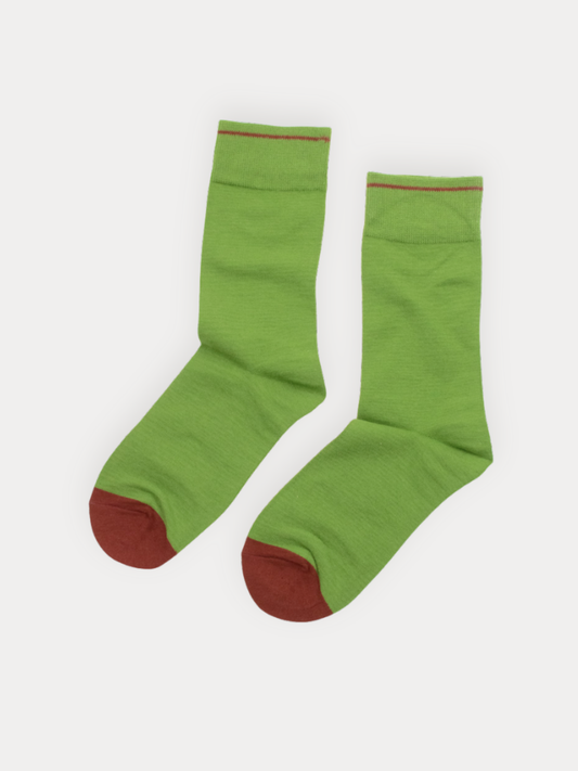 Pair of green socks with red toes and cuffs on a white background