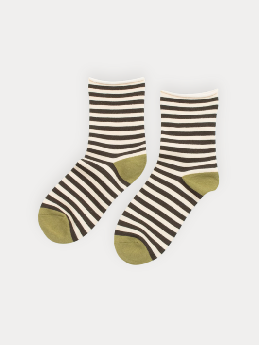 Pair of cream and charcoal striped quarter socks laid flat, with an olive green heel and toe.