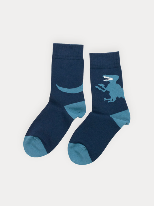 Soft navy crew socks with a bold oversized T-Rex silhouette and steel blue heel and toe.