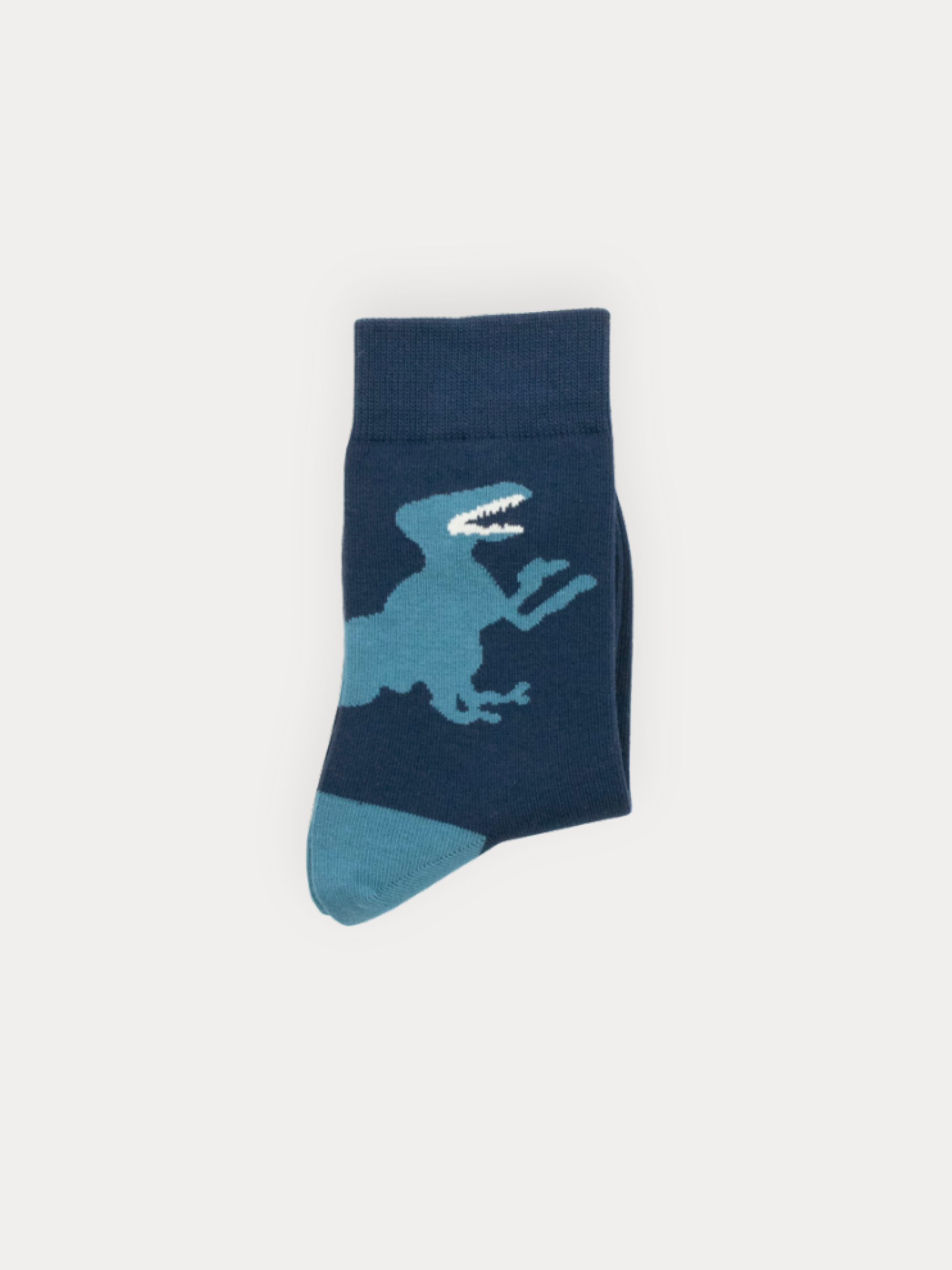 Soft navy crew socks with a bold oversized T-Rex silhouette and steel blue heel and toe.
