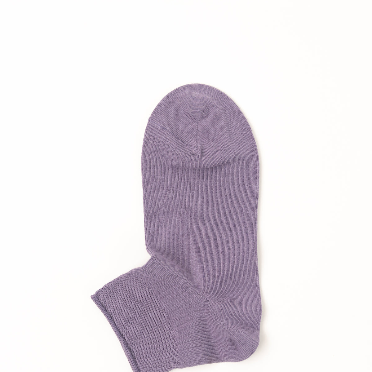 Single purple ribbed ankle sock laid flat with the cuff folded to one side, showing the ribbed texture and toe seam.