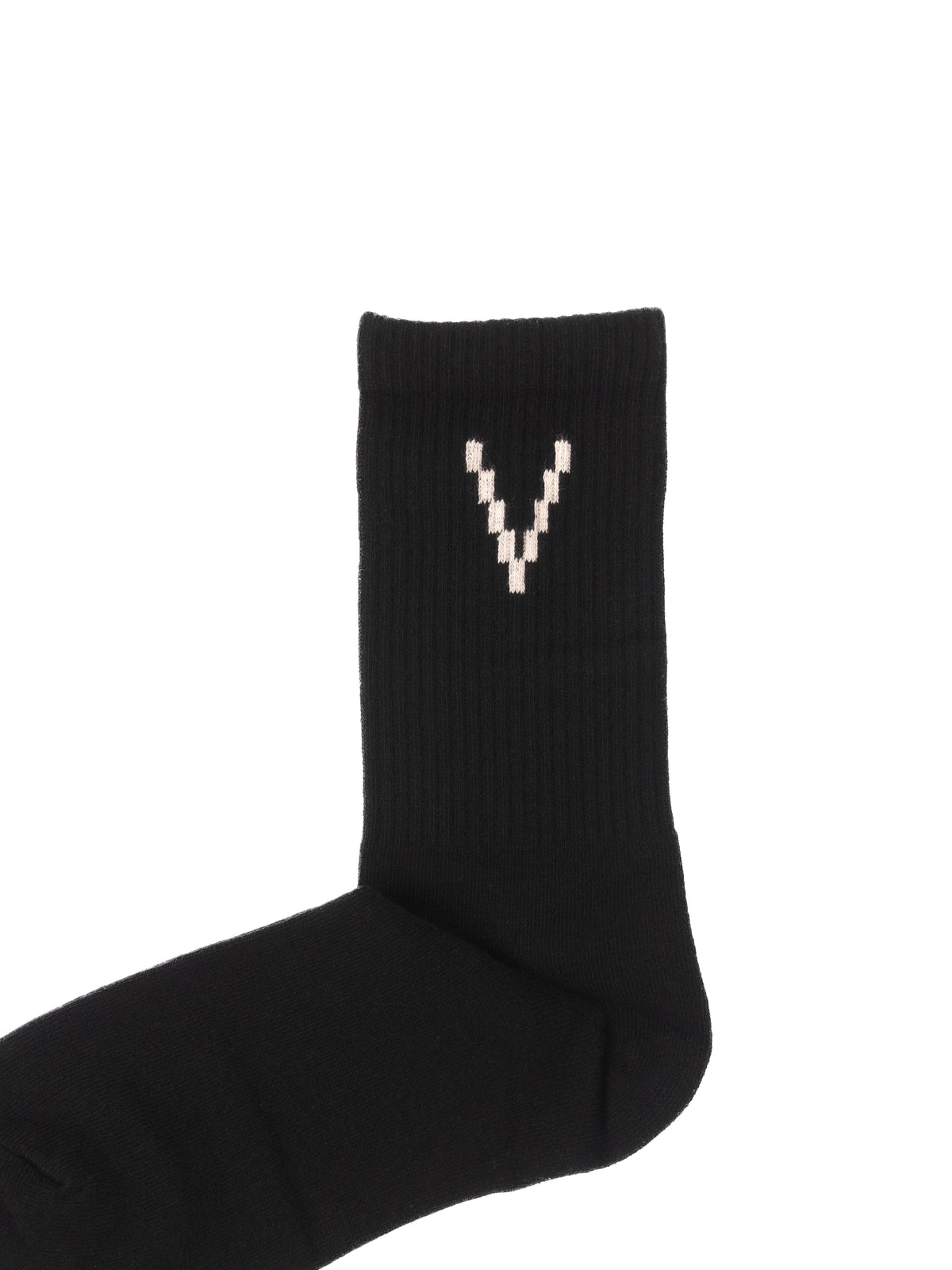 A single black crew sock with a small white knit letter V on the upper cuff, displayed against a plain white background.