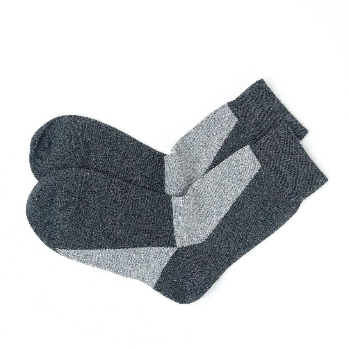 A pair of crew socks in dark gray and light gray with a chevron pattern, displayed on a clean white background.