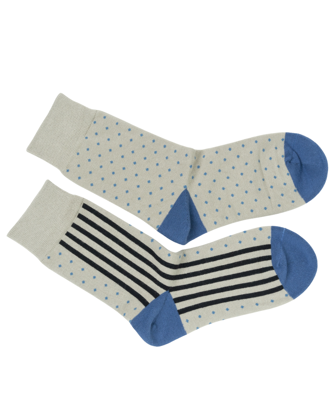 Pair of light beige cotton crew socks featuring a mix of blue star-dot patterns and bold black stripes with solid blue contrast heels and toes.