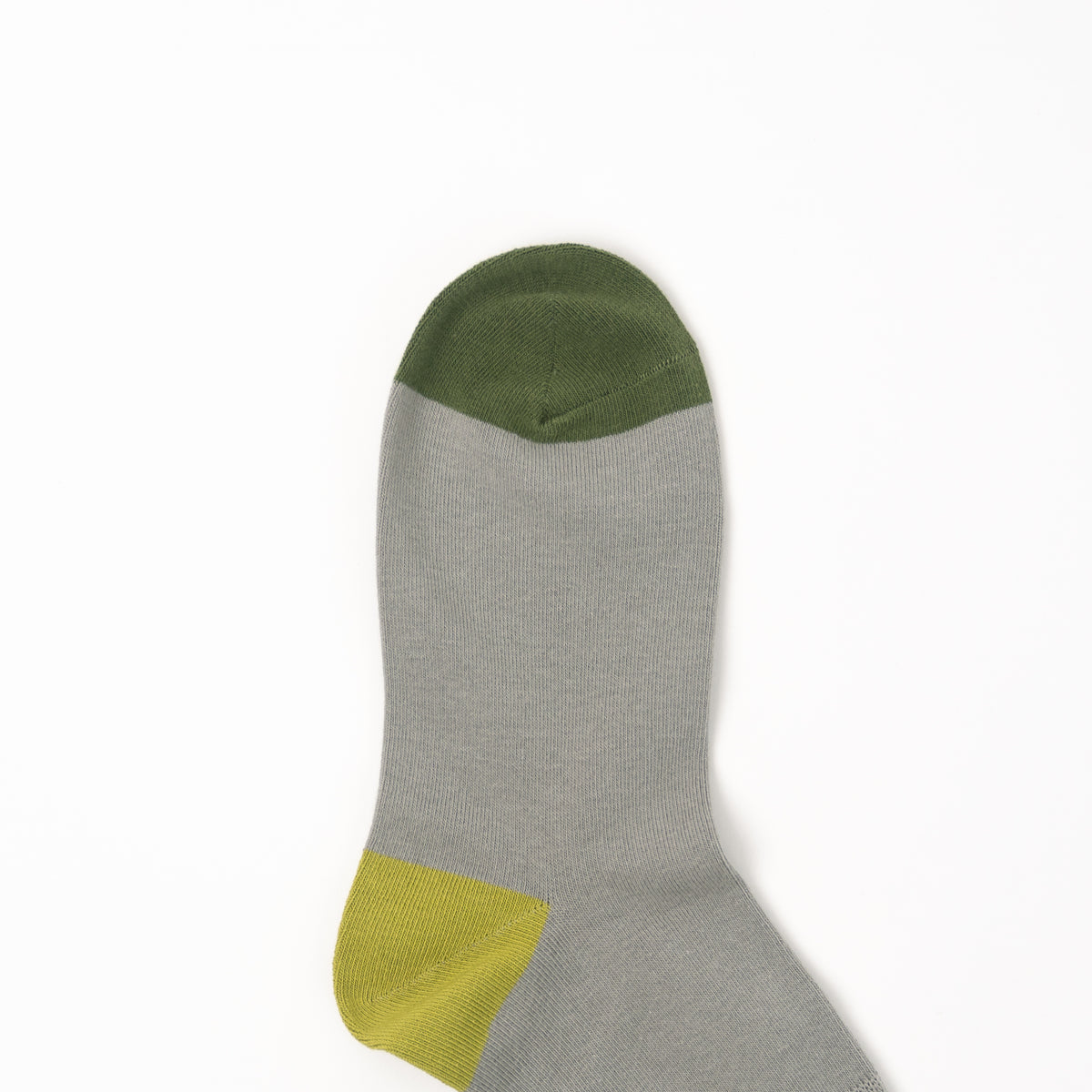 A single gray sock with an olive green toe cap and a yellow-green heel section, shown against a plain white background.